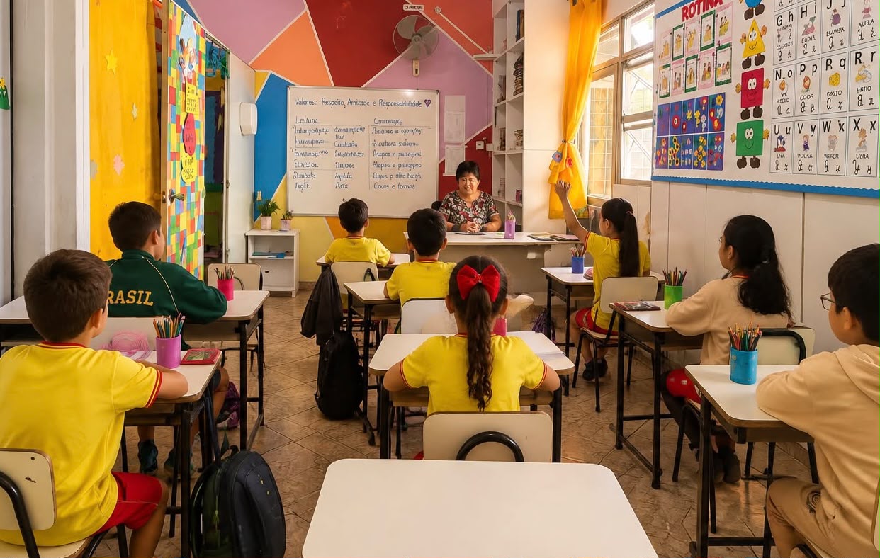 Alunos em sala de aula colorida durante a aula