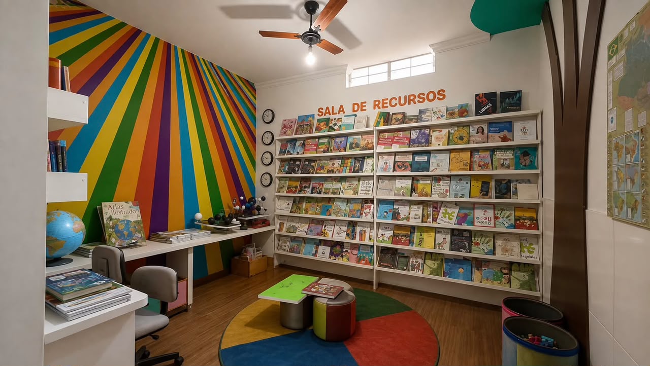Sala de recursos com biblioteca infantil e parede de arco-íris