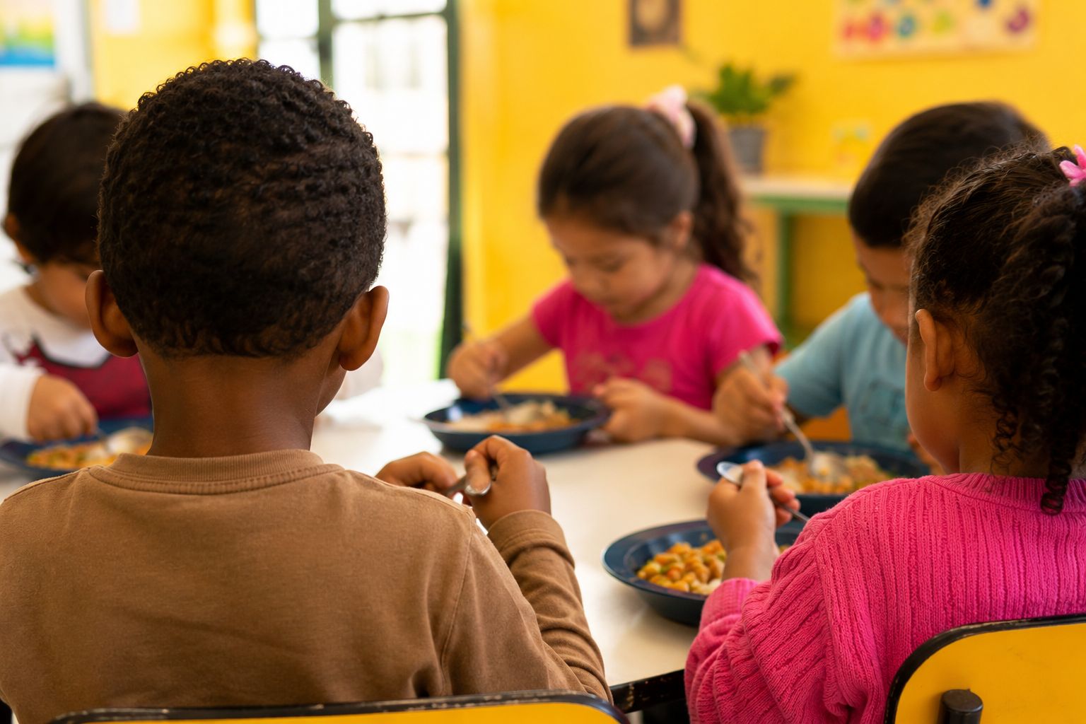 Crianças da Educação Infantil almoçando juntas à mesa na escola